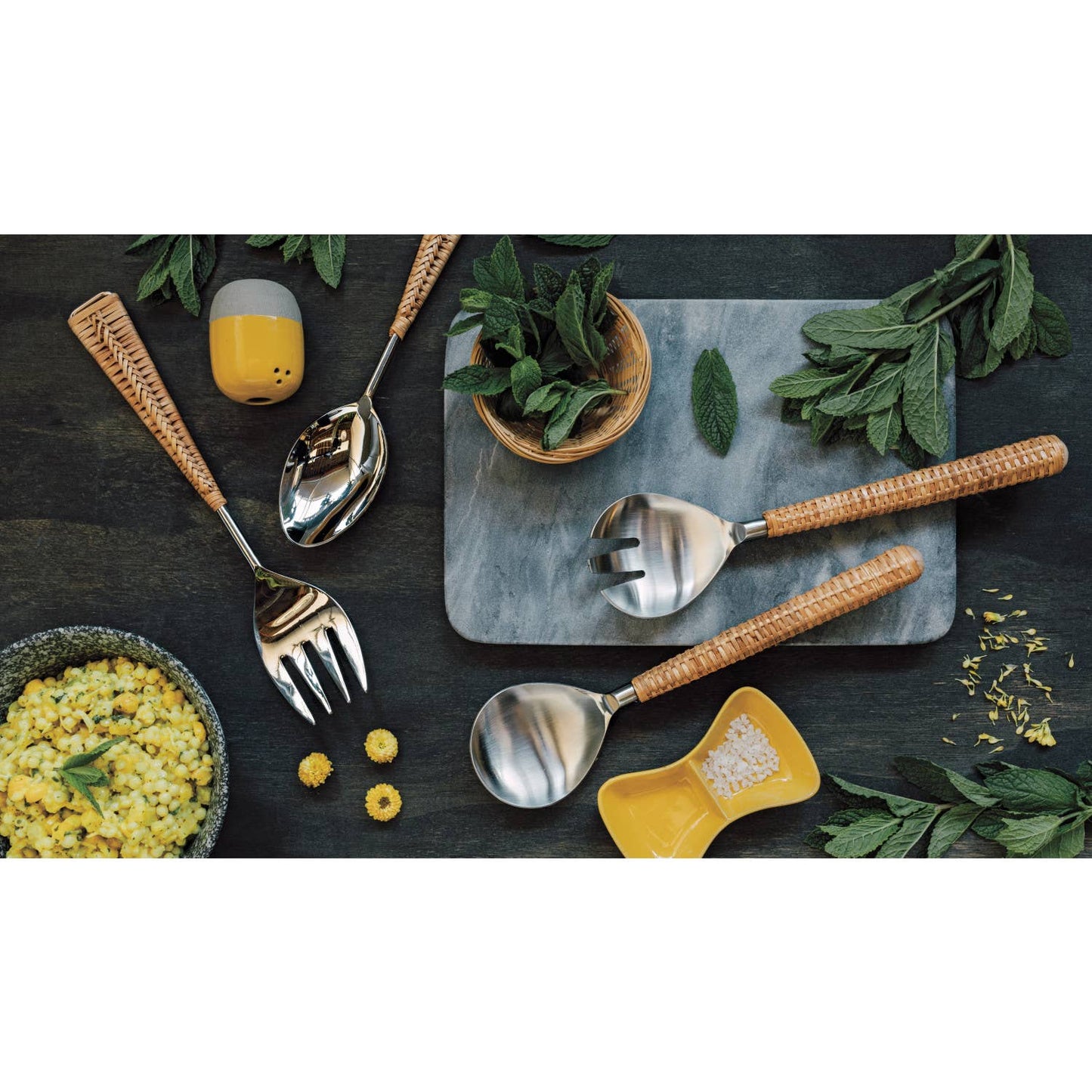 Glossy Steel Rattan Salad Servers Set of 2