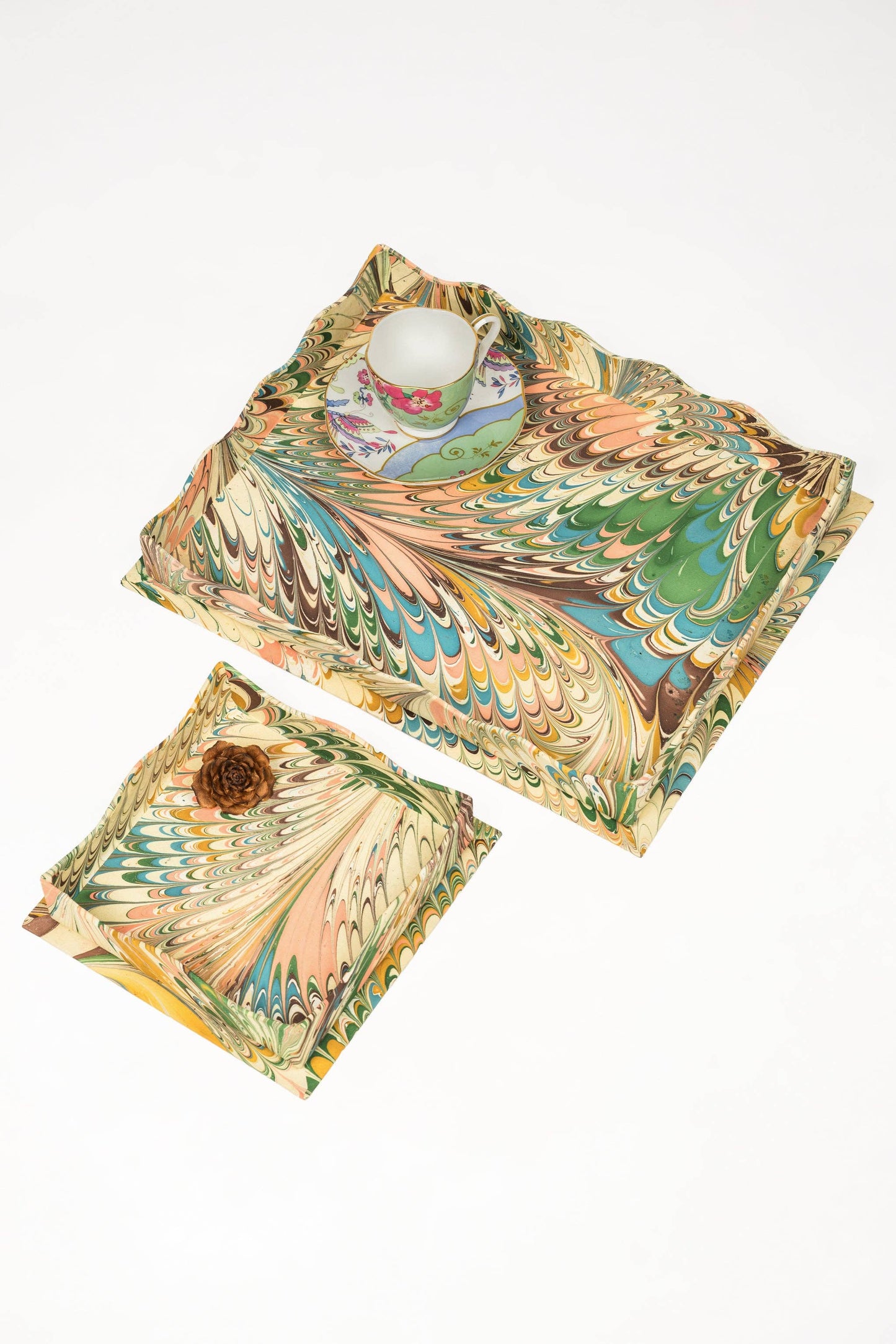 Nesting Scalloped Hand-Marbled Trays in Flatiron Feathers: 2 sizes