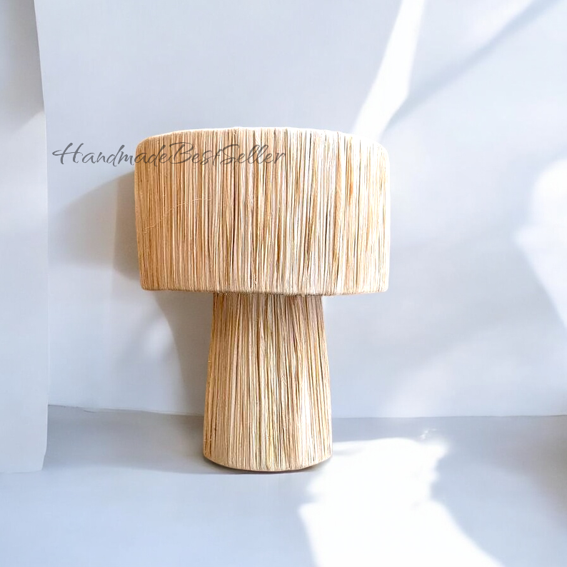 Handwoven Natural Raffia Lamp – Artisan Moroccan Table Light: Green / 35 cm
