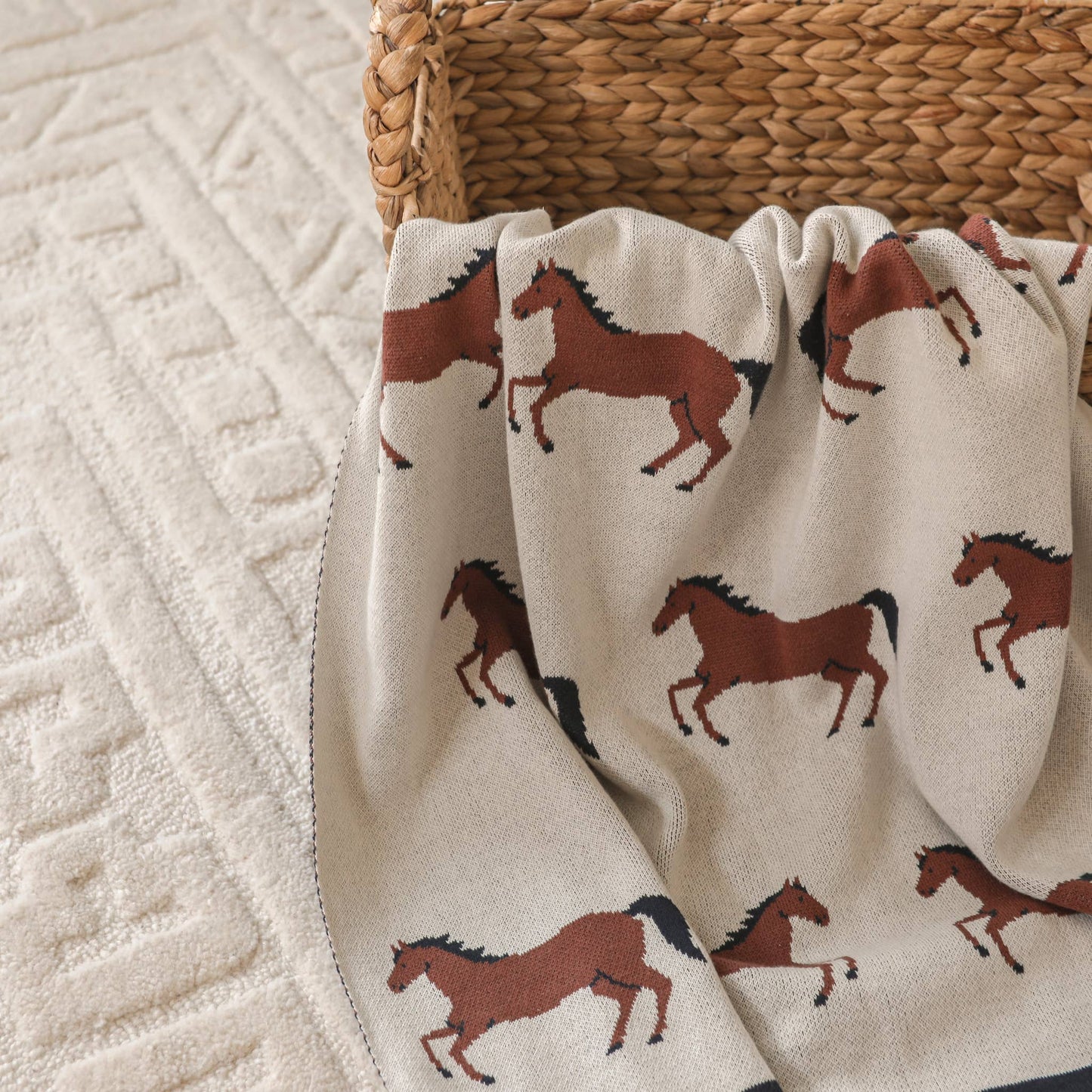 Organic Cotton Jacquard Sweater Knit Baby Blanket - Horse