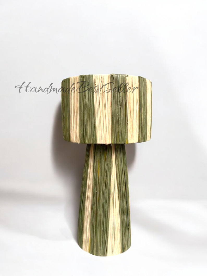 Handwoven Natural Raffia Lamp – Artisan Moroccan Table Light: Green / 35 cm