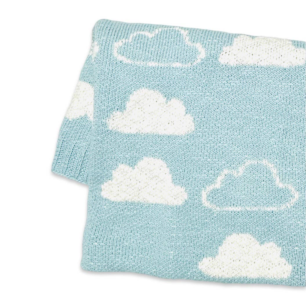Organic Jacquard Sweater Knit Baby Blanket: Baby Blue Clouds