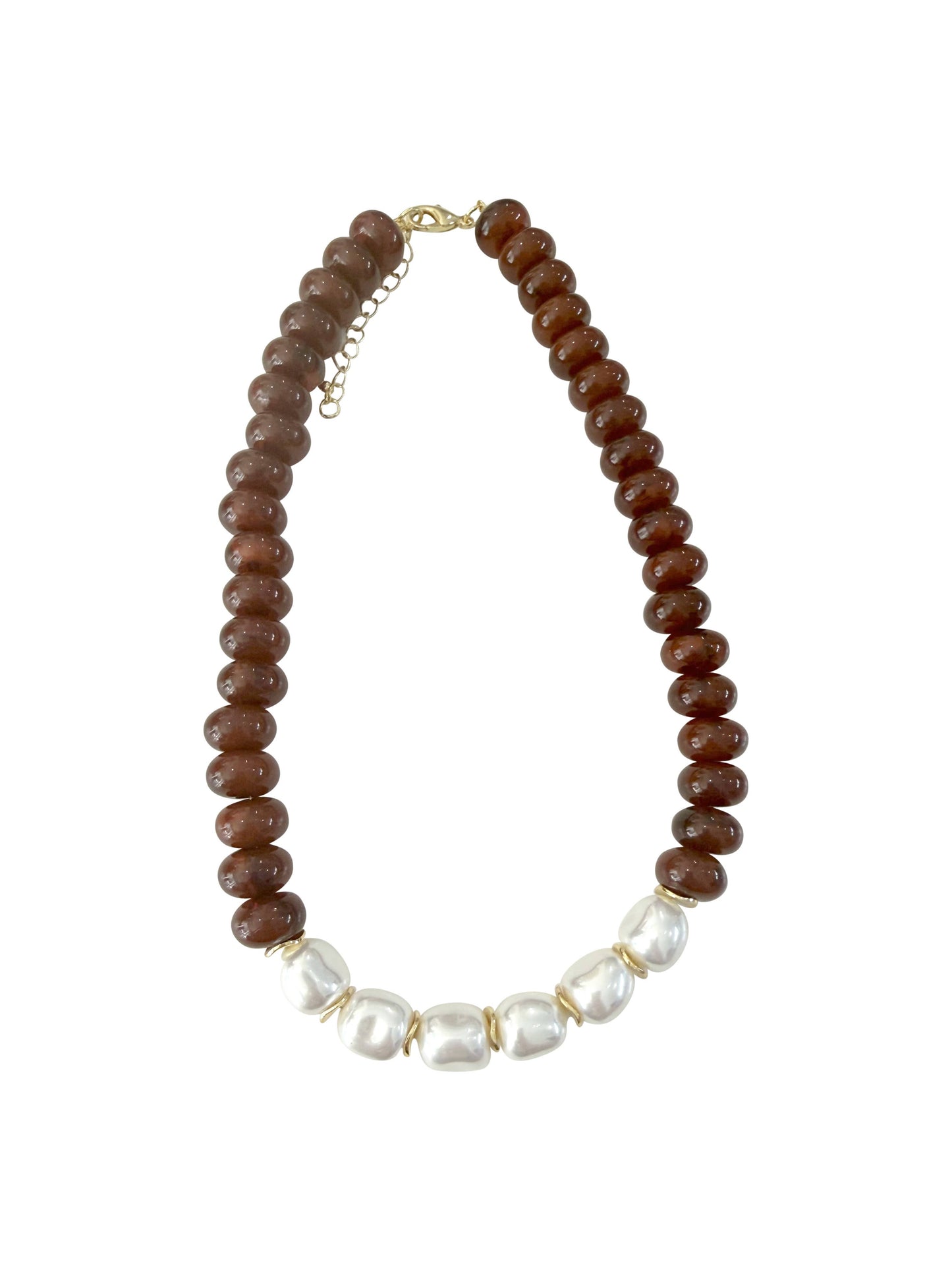 Chunky Beaded Necklace with Pearl Accents - Brown