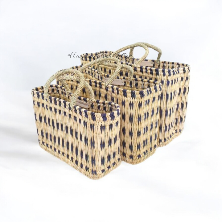 Reed Tote Basket, Natural Straw Storage Basket, Shopping Bag: Set of 3