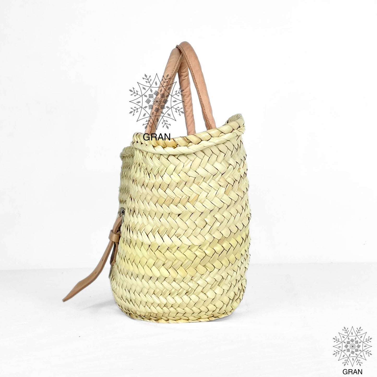 Straw Basket Bag - Brown Leather Buckle & Handle