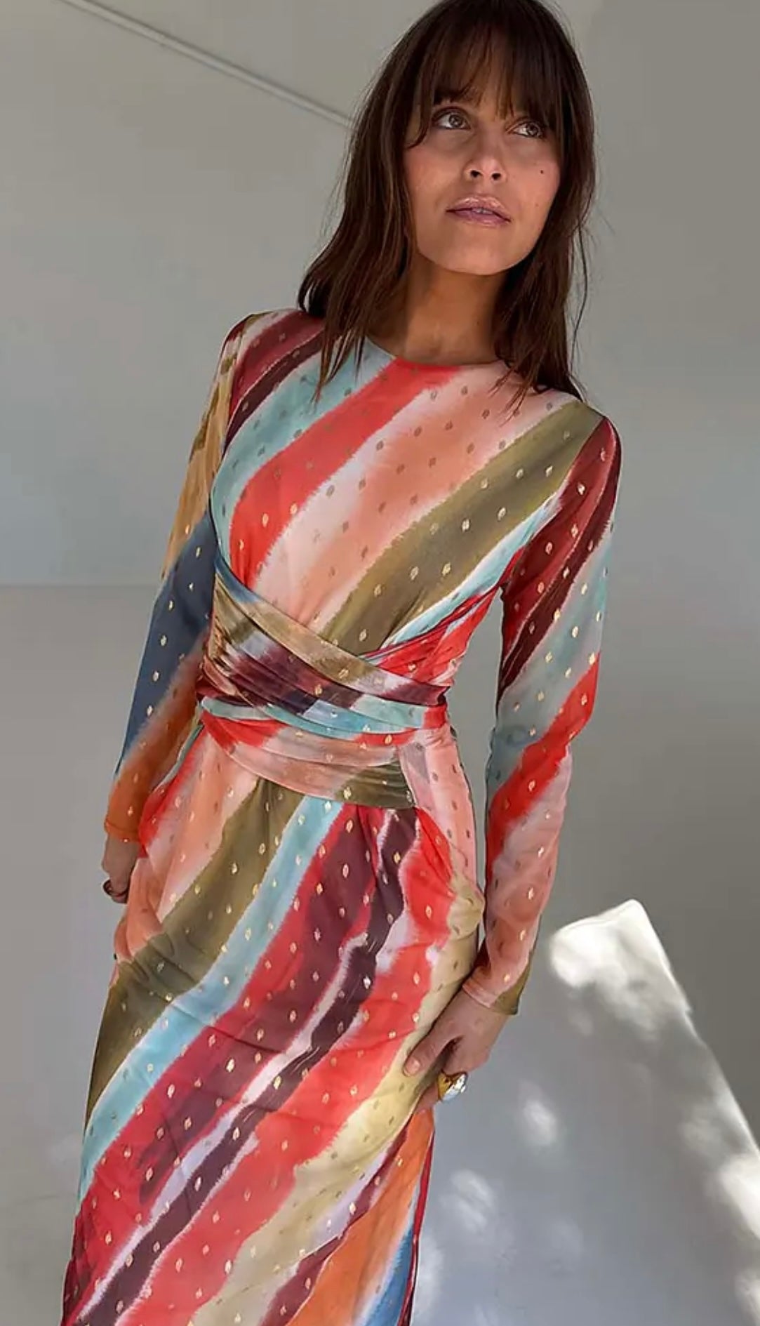 NFD Sunset Stripe Mesh Midi Dress