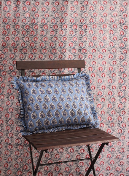 Block Print Floral Ruffle Cushion/Pillow - Moody Blues