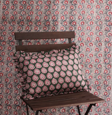 Block Print Floral Ruffle Cushion/Pillow - Pink & Green