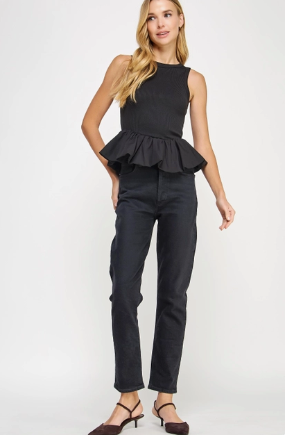 Poplin Bubble Hem Top - Black