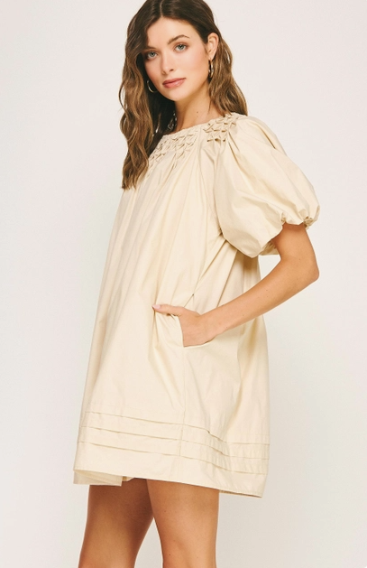 Hand Smocking Detail Poplin Mini Dress - Almond