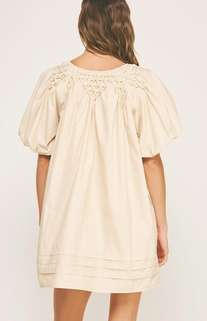 Hand Smocking Detail Poplin Mini Dress - Almond