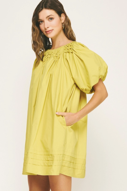 Hand Smocking Detail Poplin Mini Dress - Chartreuse