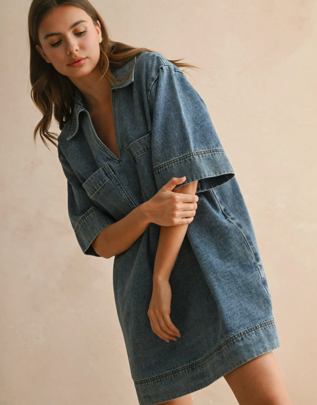 V-Neck Denim Tunic Dress