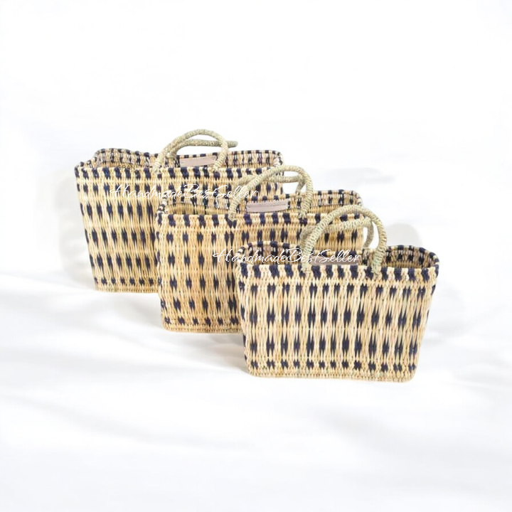 Reed Tote Basket, Natural Straw Storage Basket, Shopping Bag: Set of 3