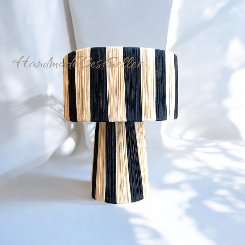 Handwoven Natural Raffia Lamp – Artisan Moroccan Table Light: Green / 35 cm