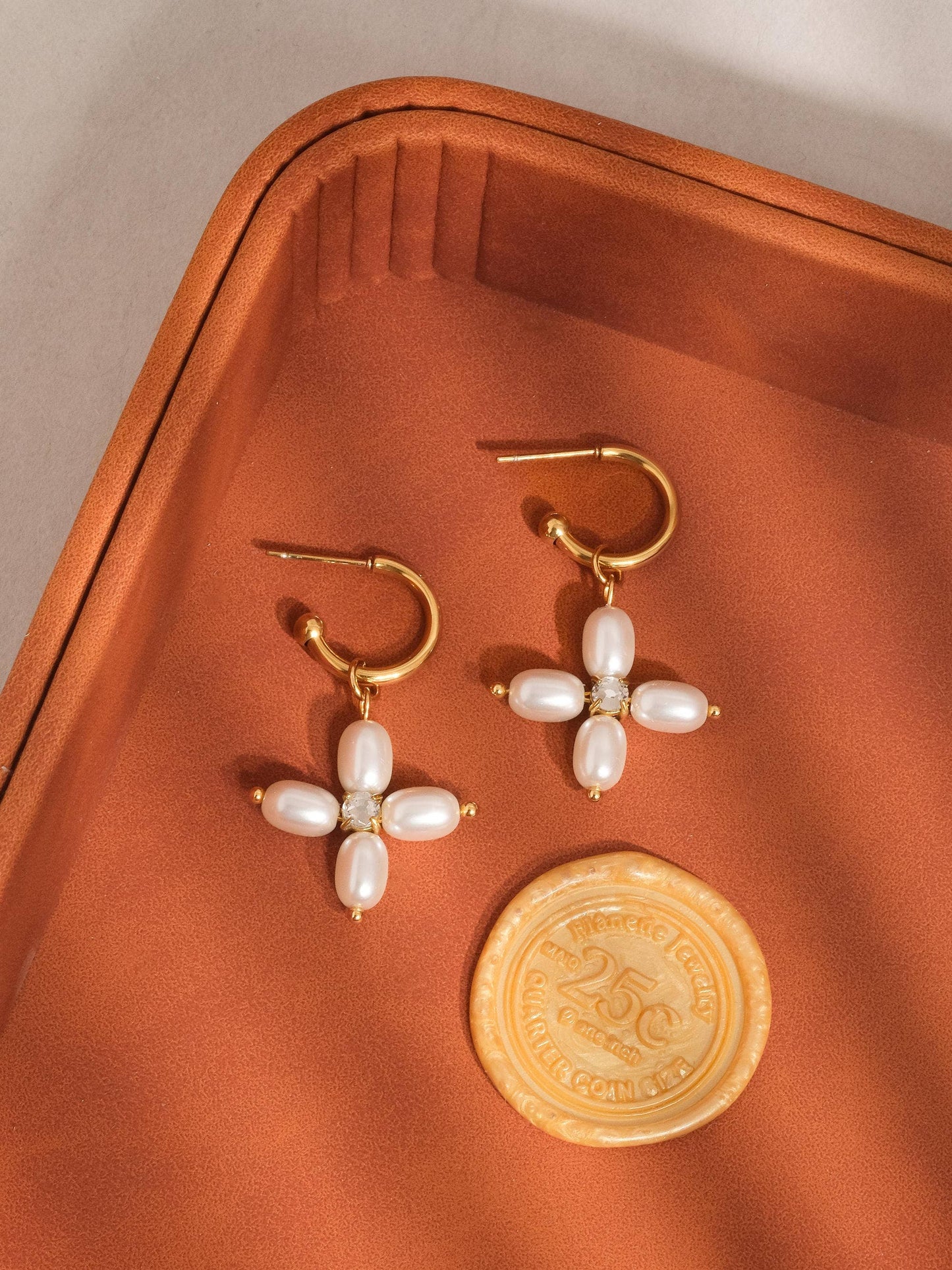 Chaleur Pearl Cross C Hoop Earring: Yellow Gold