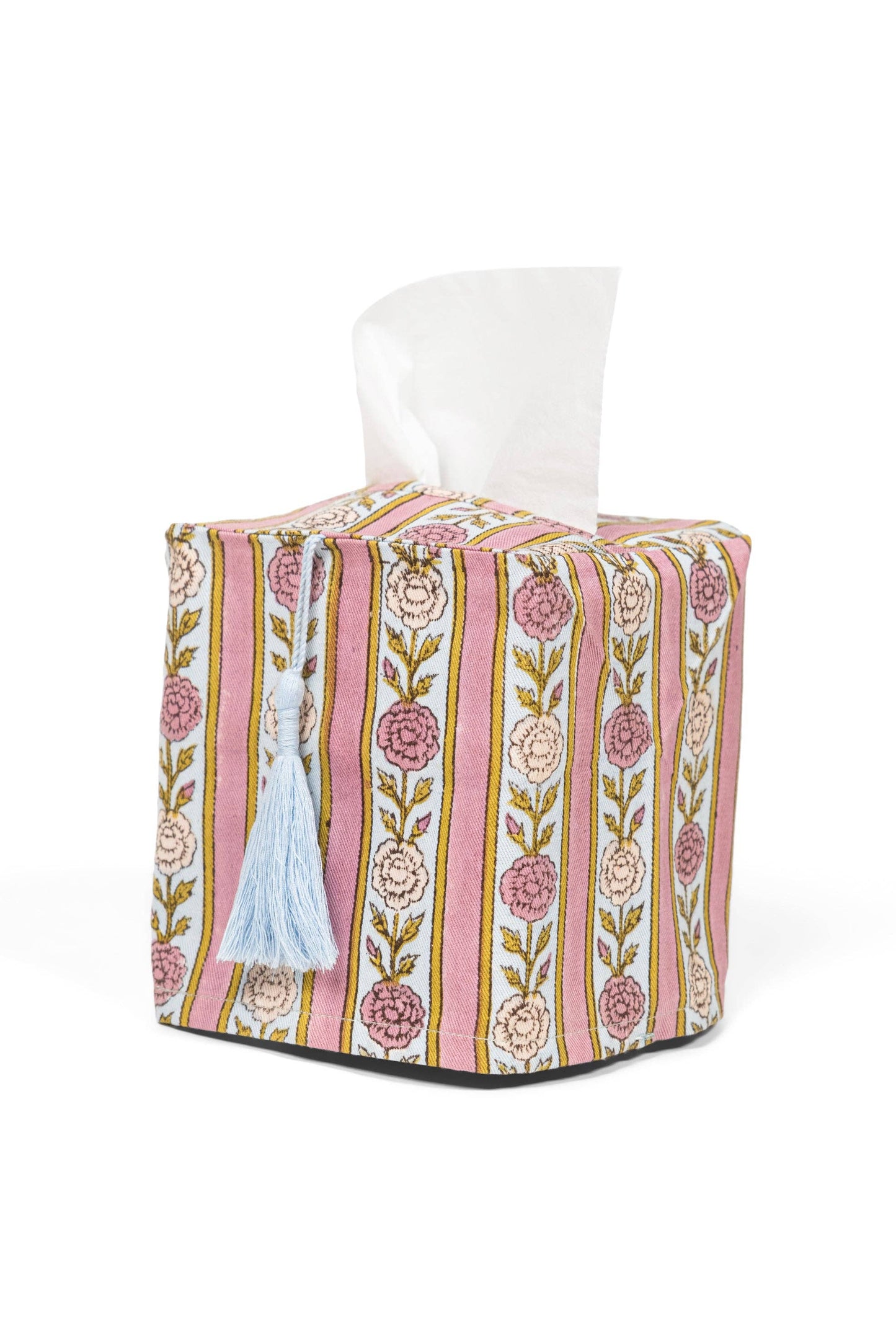 Vintage Floral Stripe Blockprint Tissue Box Cover: Green