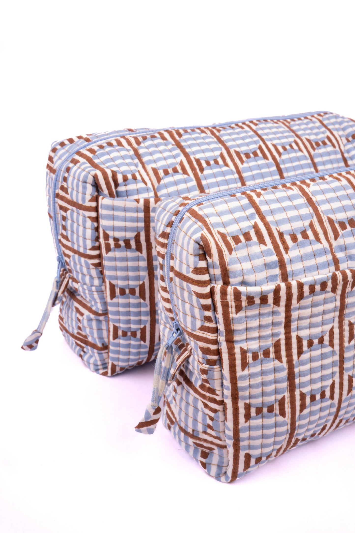 Striped Circles Blockprint Travel Pouch in Brown and Blue (Medium)