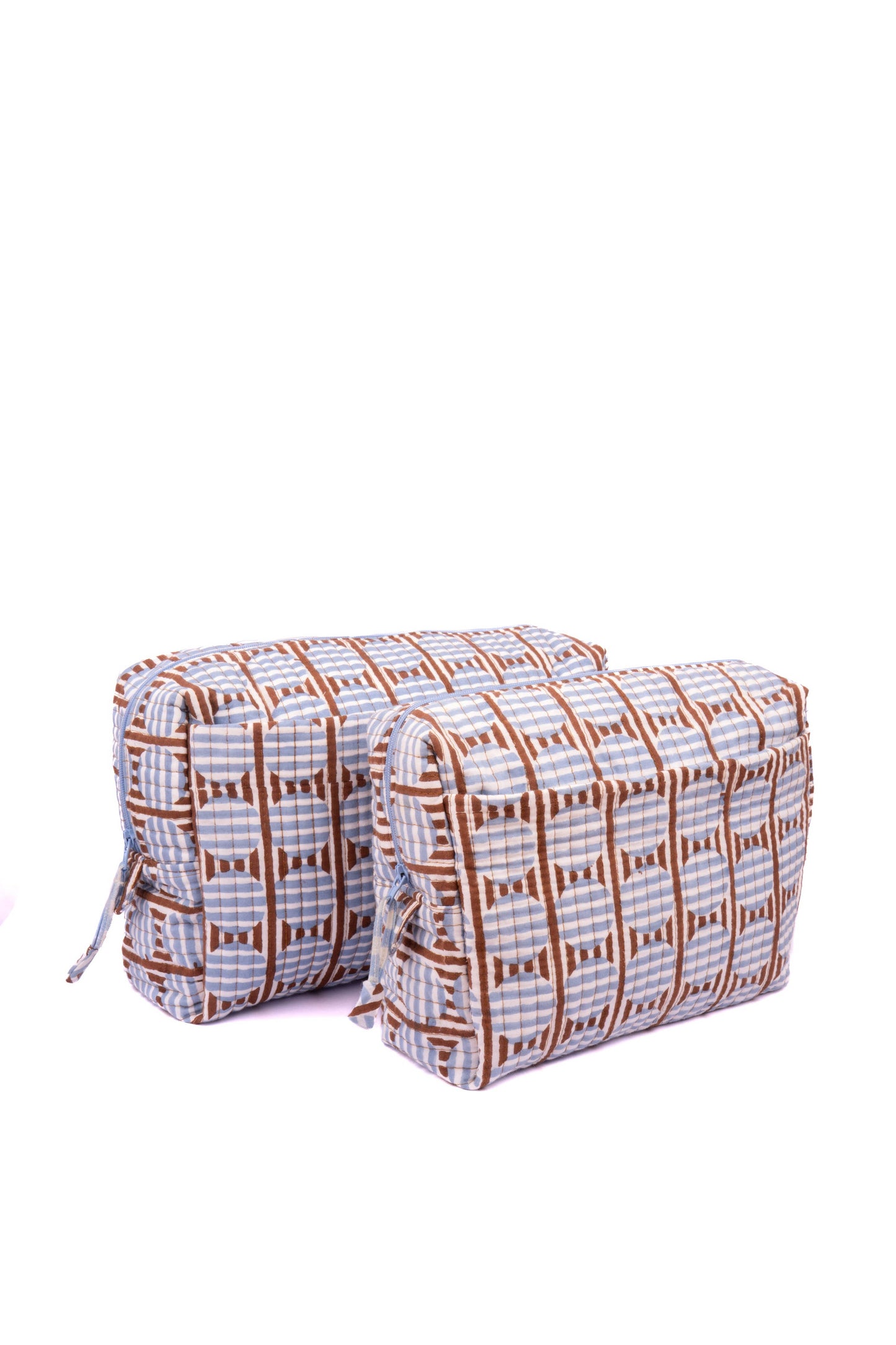 Striped Circles Blockprint Travel Pouch in Brown and Blue (Medium)