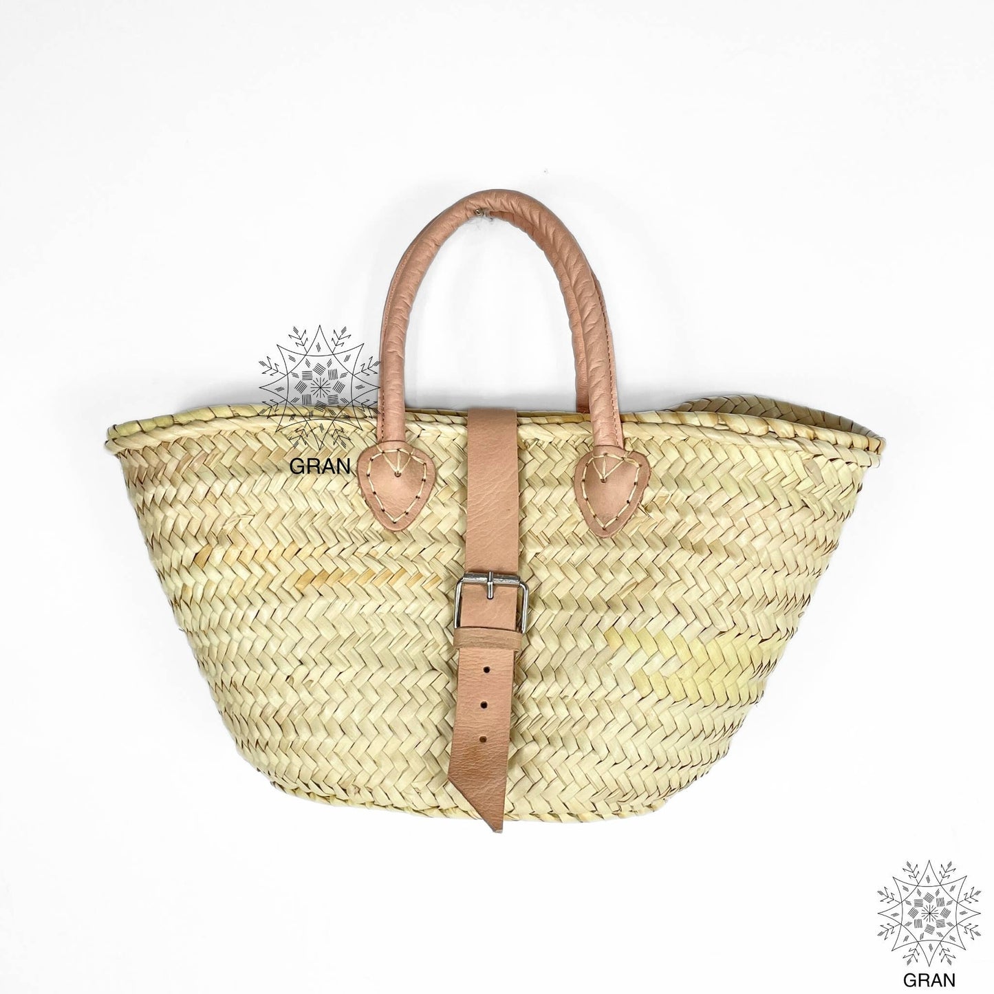 Straw Basket Bag - Brown Leather Buckle & Handle