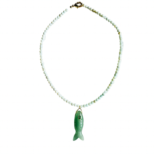 The Big Eye Fish Necklace: Mint Jade with Aventurine Fish