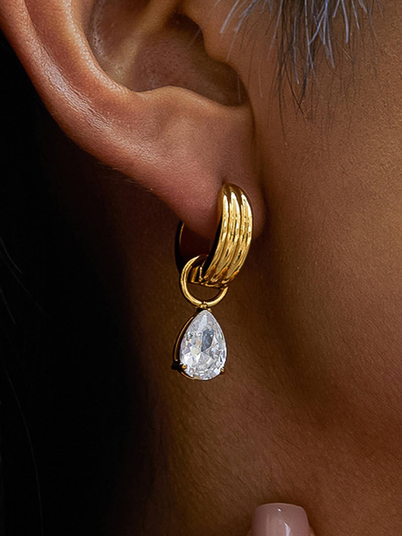 Saffron 18K Gold Non-Tarnish Teardrop CZ Mismatch Earrings: Yellow Gold