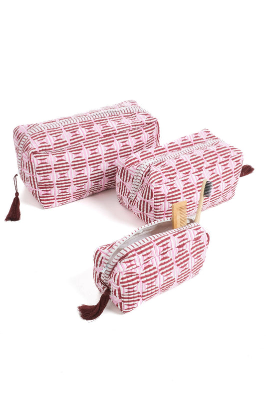Striped Circles Blockprint Makeup Bag in Burgundy and Pink: Large