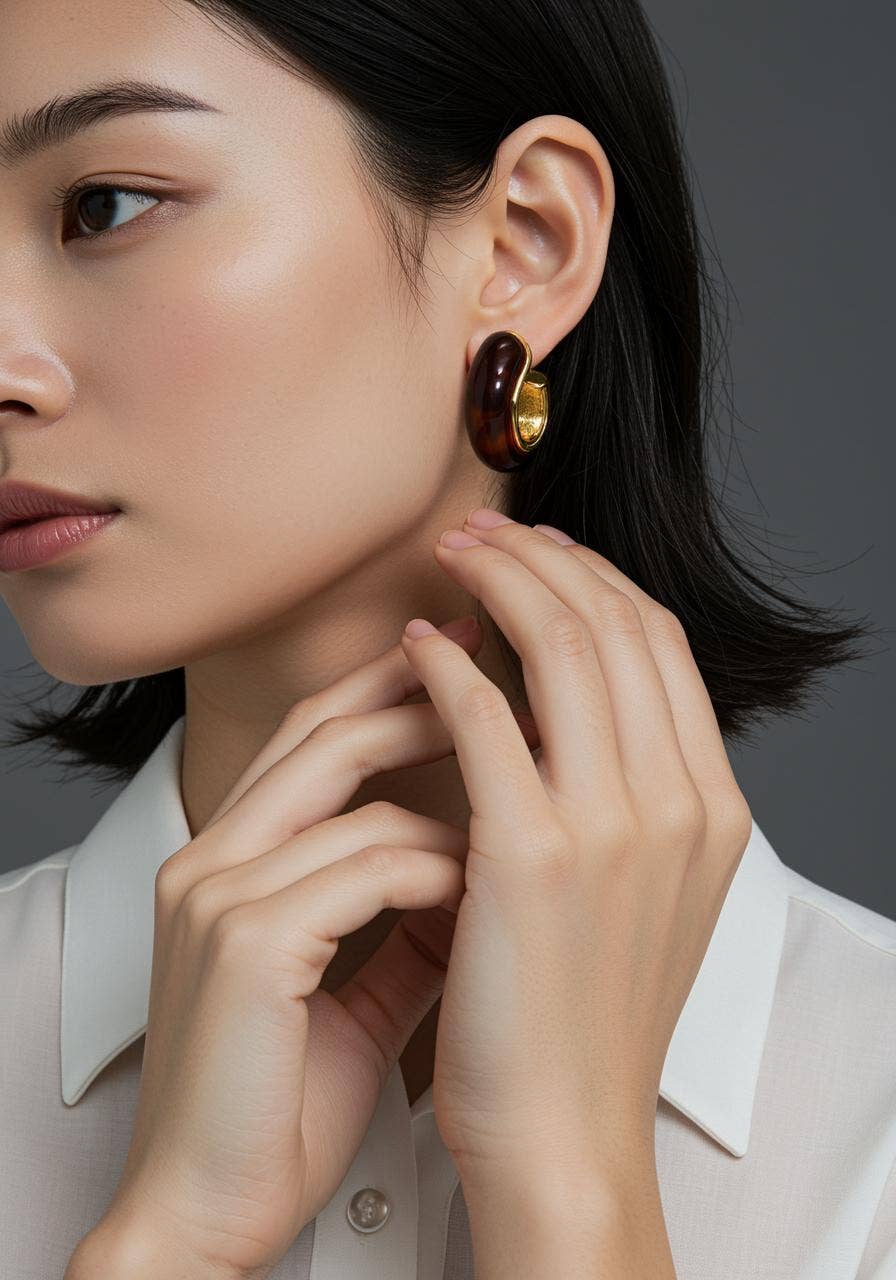 Mod-Amber and Gold Resin Hoop Earring: Chocolate