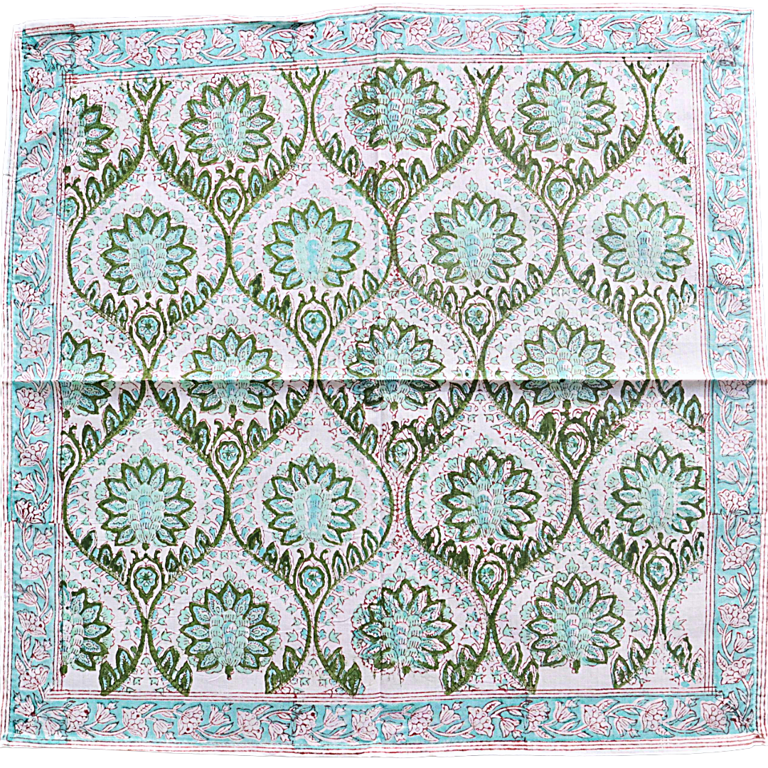 Jade Lattice Bloom - Block Printed Cotton Bandana