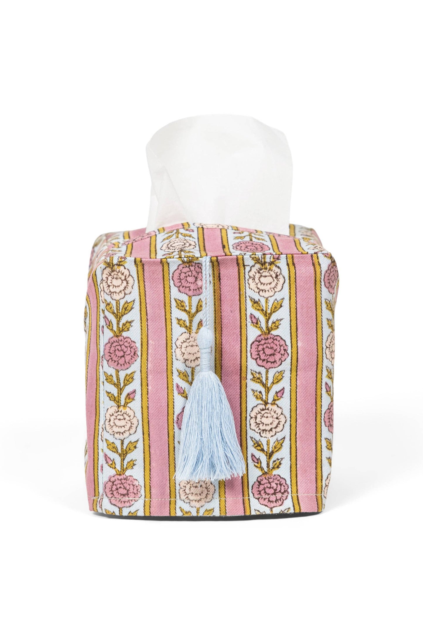 Vintage Floral Stripe Blockprint Tissue Box Cover: Green