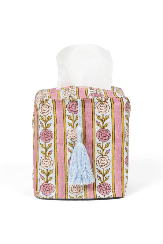 Vintage Floral Stripe Blockprint Tissue Box Cover: Green
