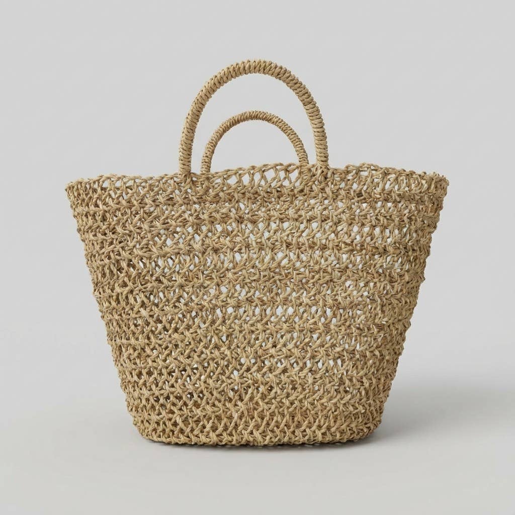 Handwoven Straw Mesh Market Bag Boho Beach Tote Tan