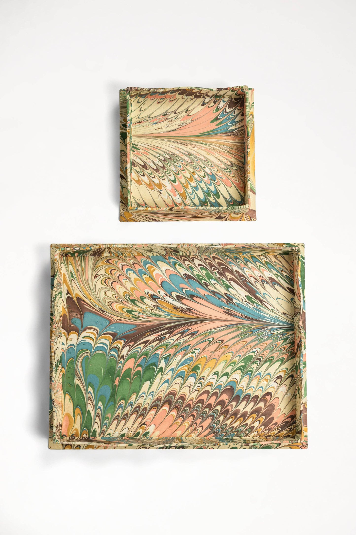 Nesting Scalloped Hand-Marbled Trays in Flatiron Feathers: 2 sizes
