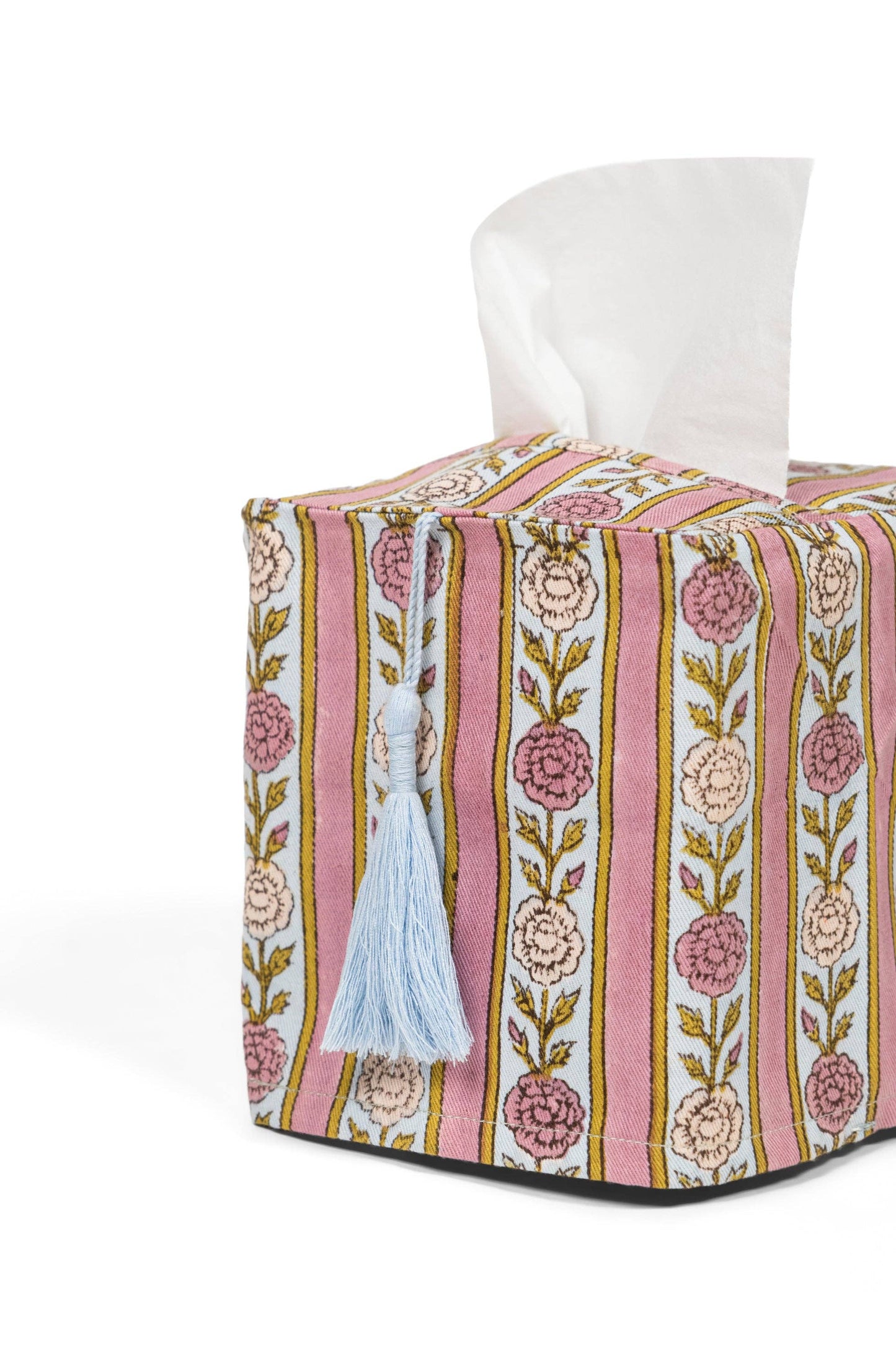 Vintage Floral Stripe Blockprint Tissue Box Cover: Green