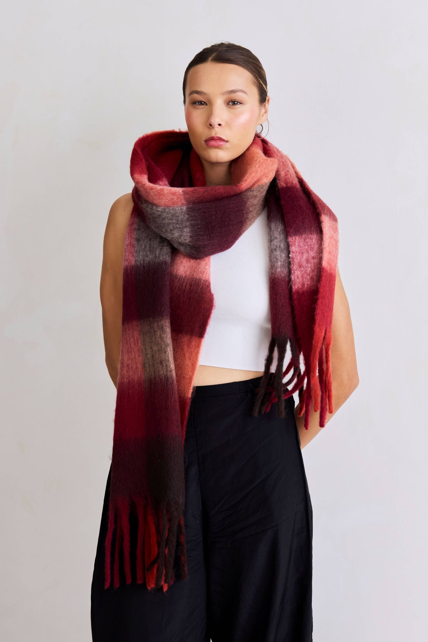 The Reykjavik Scarf - 100% Recycled - Burgundy check - FW25