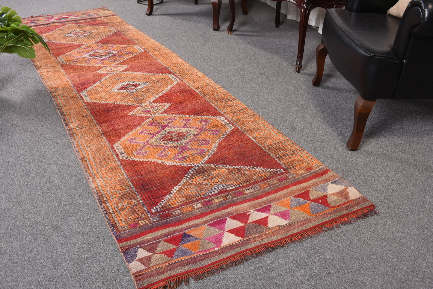 Handmade Orange Geometric Rug, 2.7x9.7 Ft Classic Area Rug