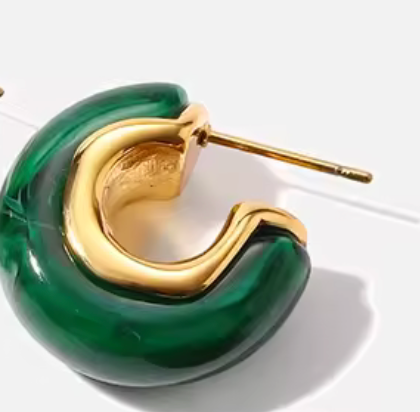 Mod-Amber and Gold Resin Hoop Earring: Malachite