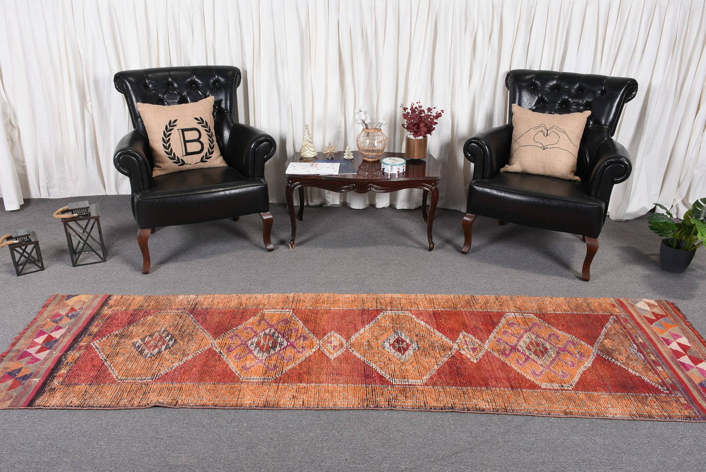 Handmade Orange Geometric Rug, 2.7x9.7 Ft Classic Area Rug