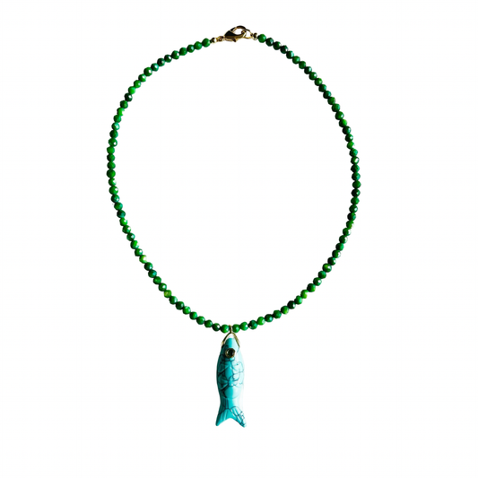 The Big Eye Fish Necklace: Medium Green with Turquoise Fish