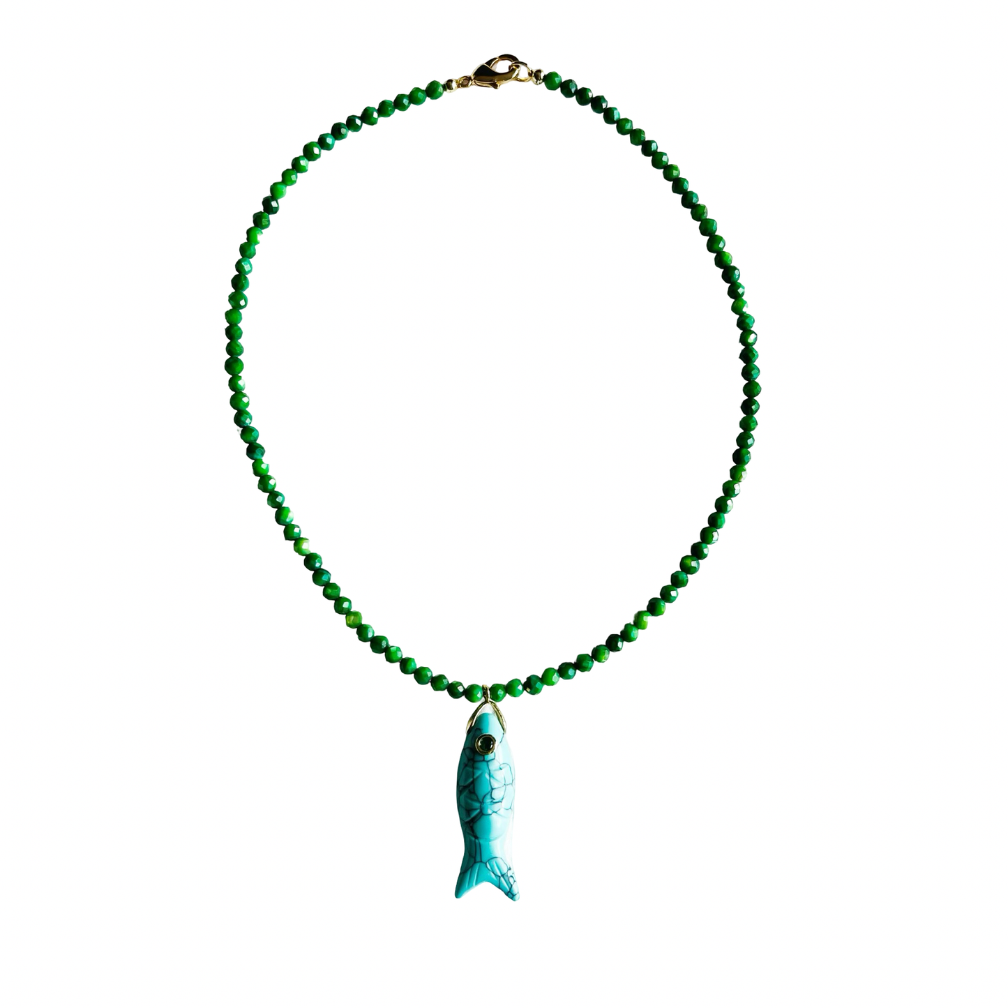 The Big Eye Fish Necklace: Mint Jade with Aventurine Fish