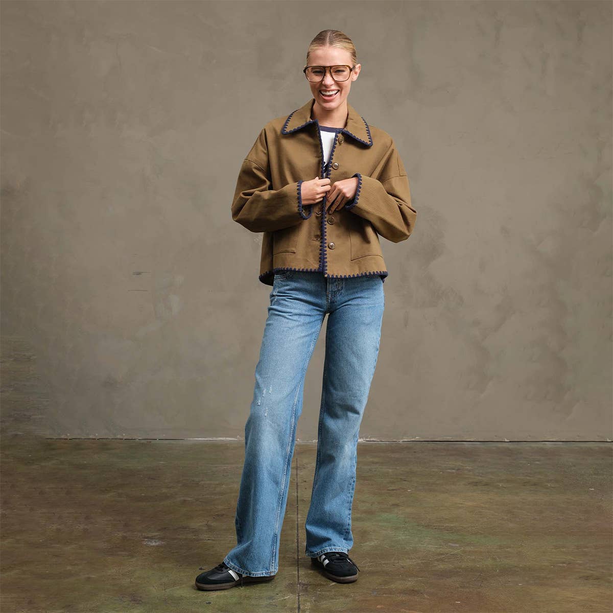 The Ollie Contrast Stitch Jacket - OLIVE