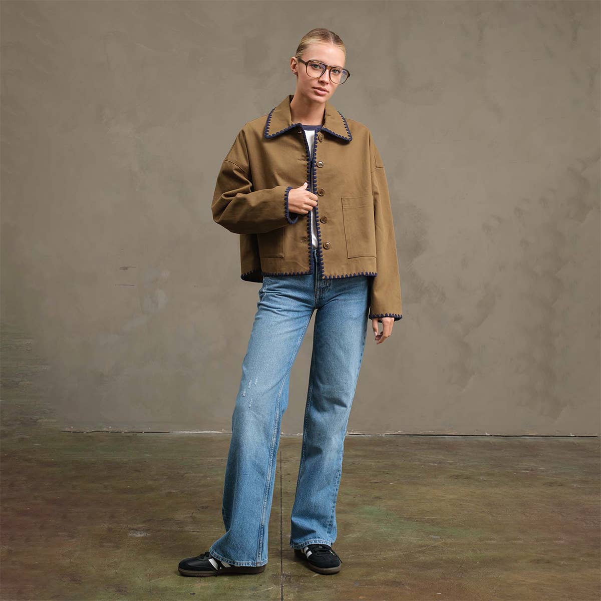 The Ollie Contrast Stitch Jacket - OLIVE