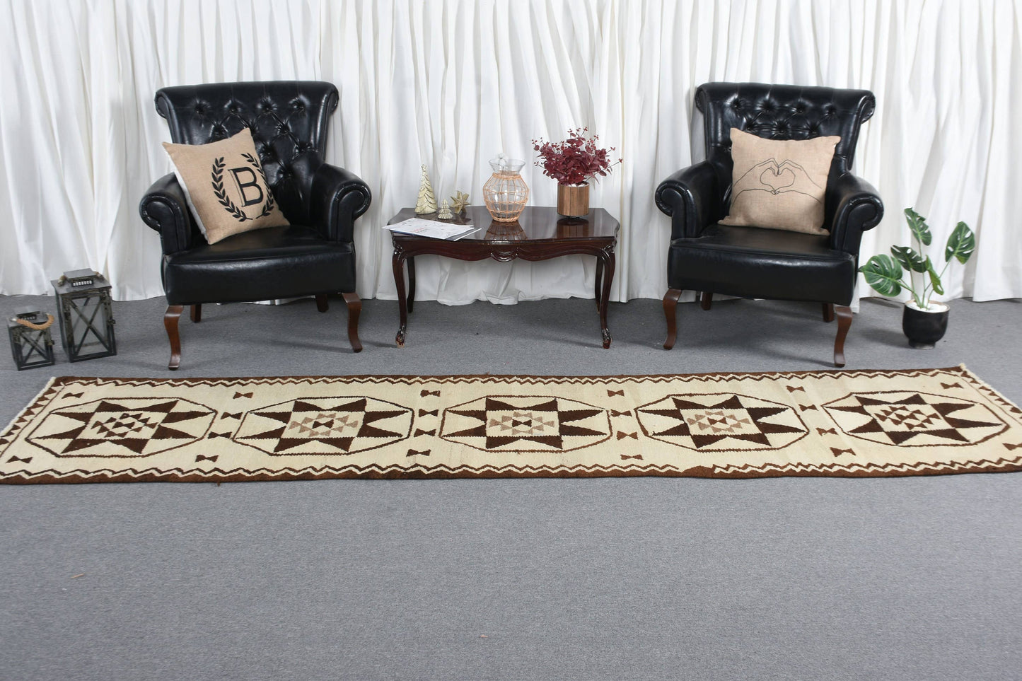 Beige & Brown Geometric Rug, 2.9x11.5 Ft Woven Traditional Rug