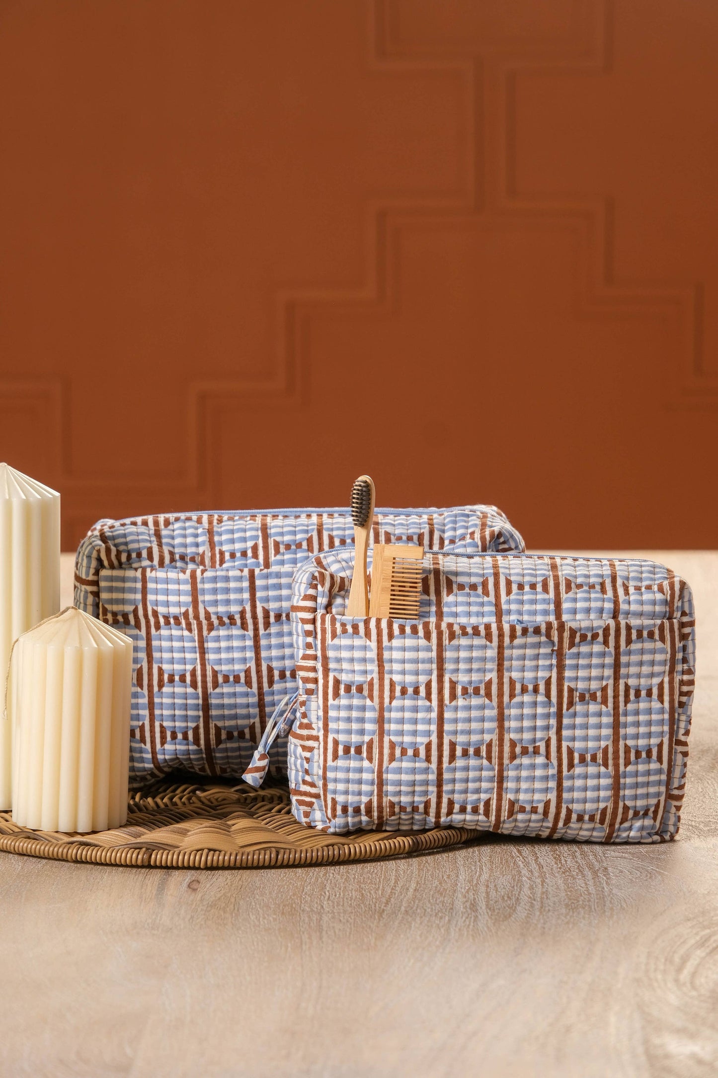 Striped Circles Blockprint Travel Pouch in Brown and Blue (Medium)