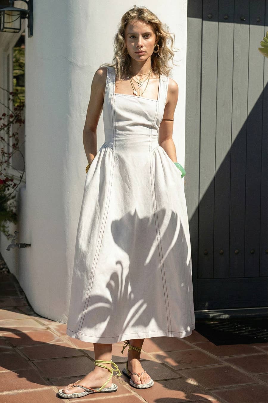 Linen Contrast Stitch Midi Dress: Cream / S