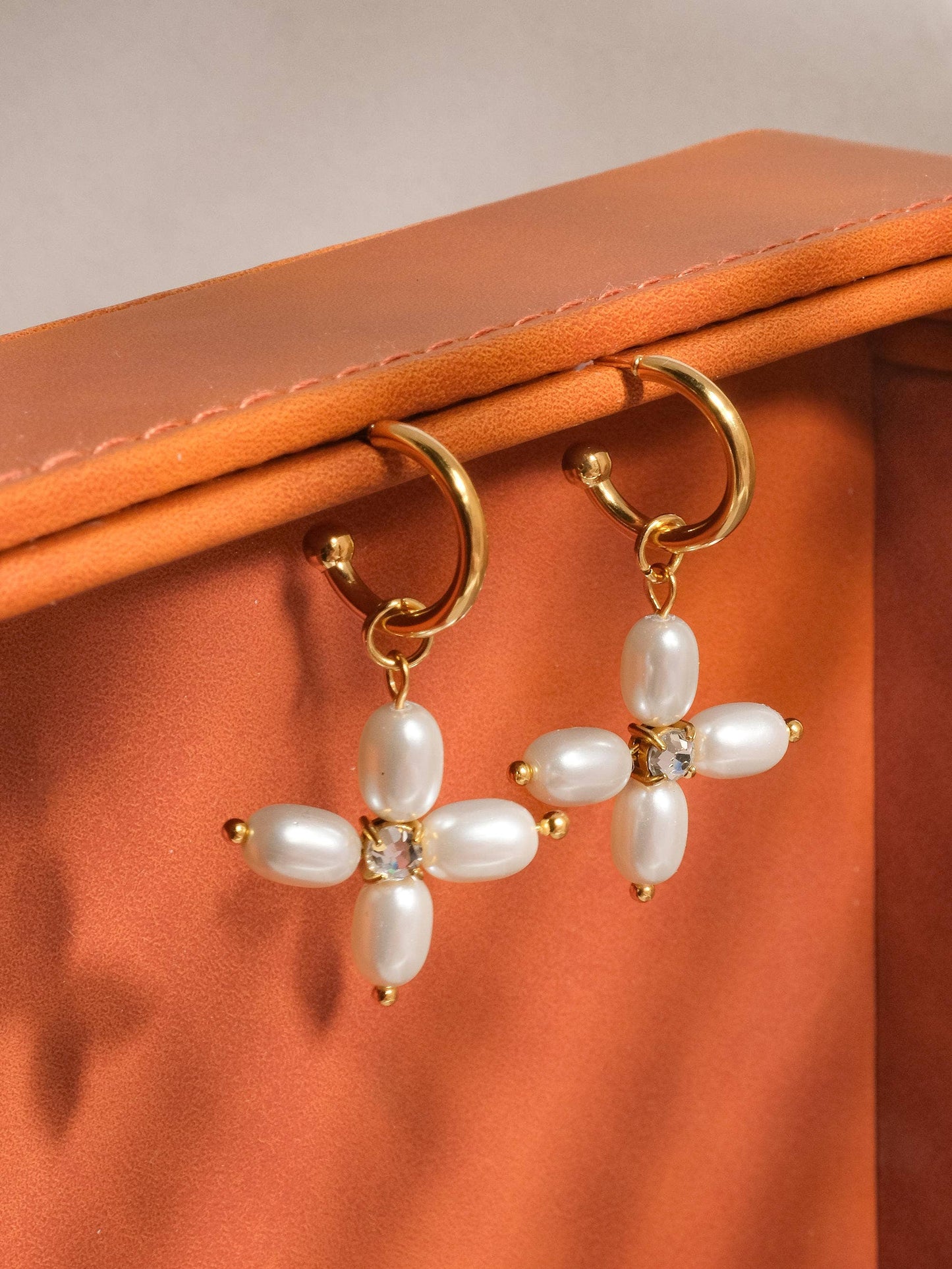 Chaleur Pearl Cross C Hoop Earring: Yellow Gold