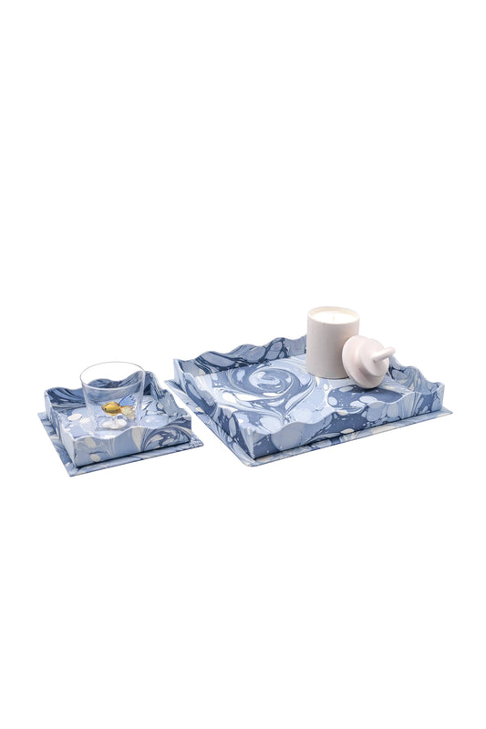 Nesting Scalloped Hand-Marbled Trays in Ocean Wave: 2 sizes