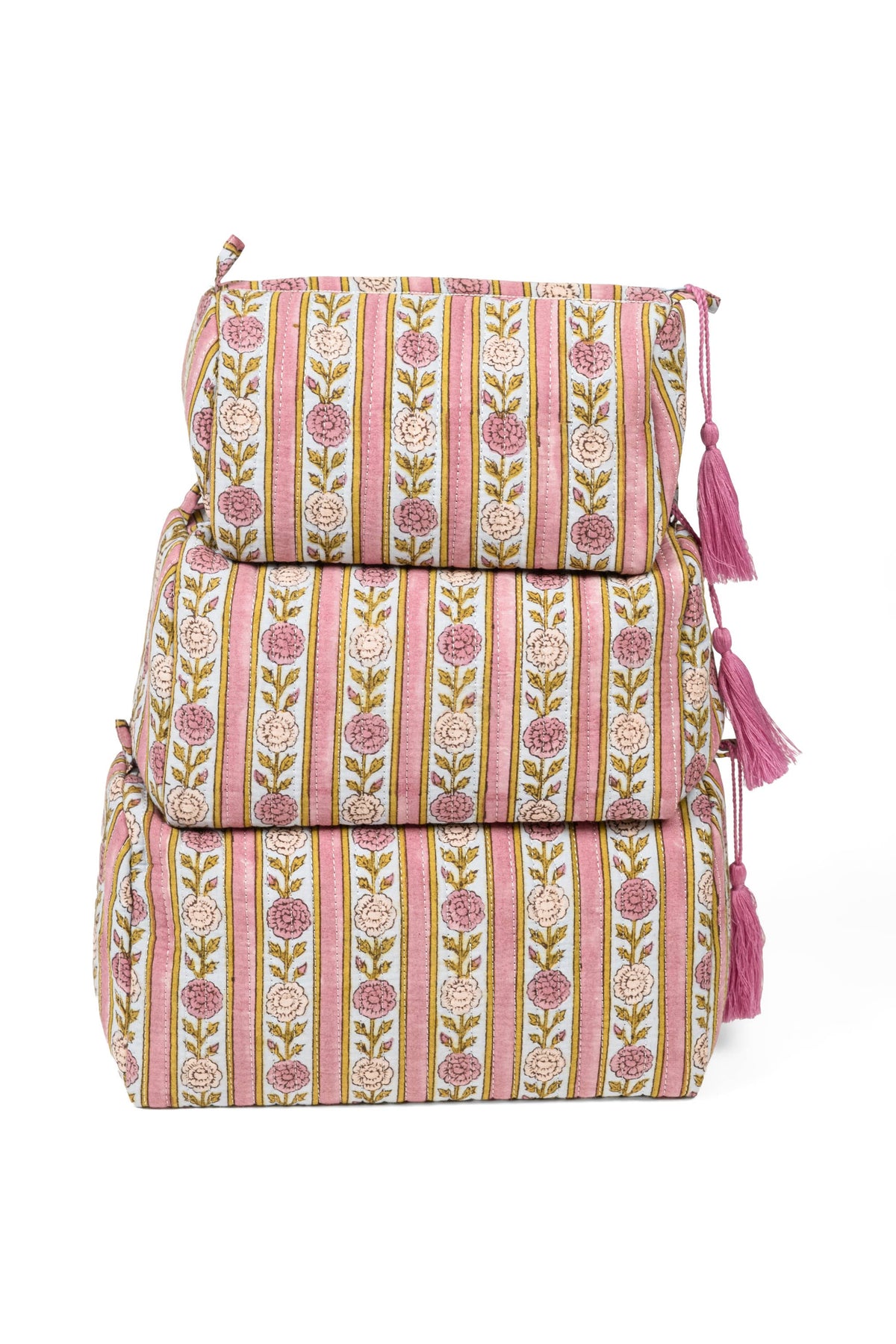 Vintage Floral Stripes Block Print Makeup Bag in Purple: 3 sizes