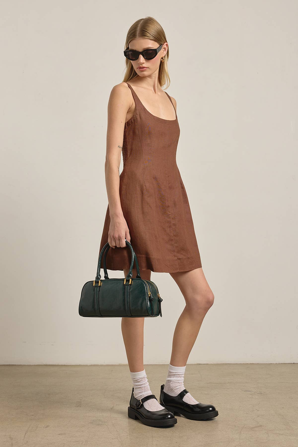 Linen Square Neck Mini Dress - BROWN