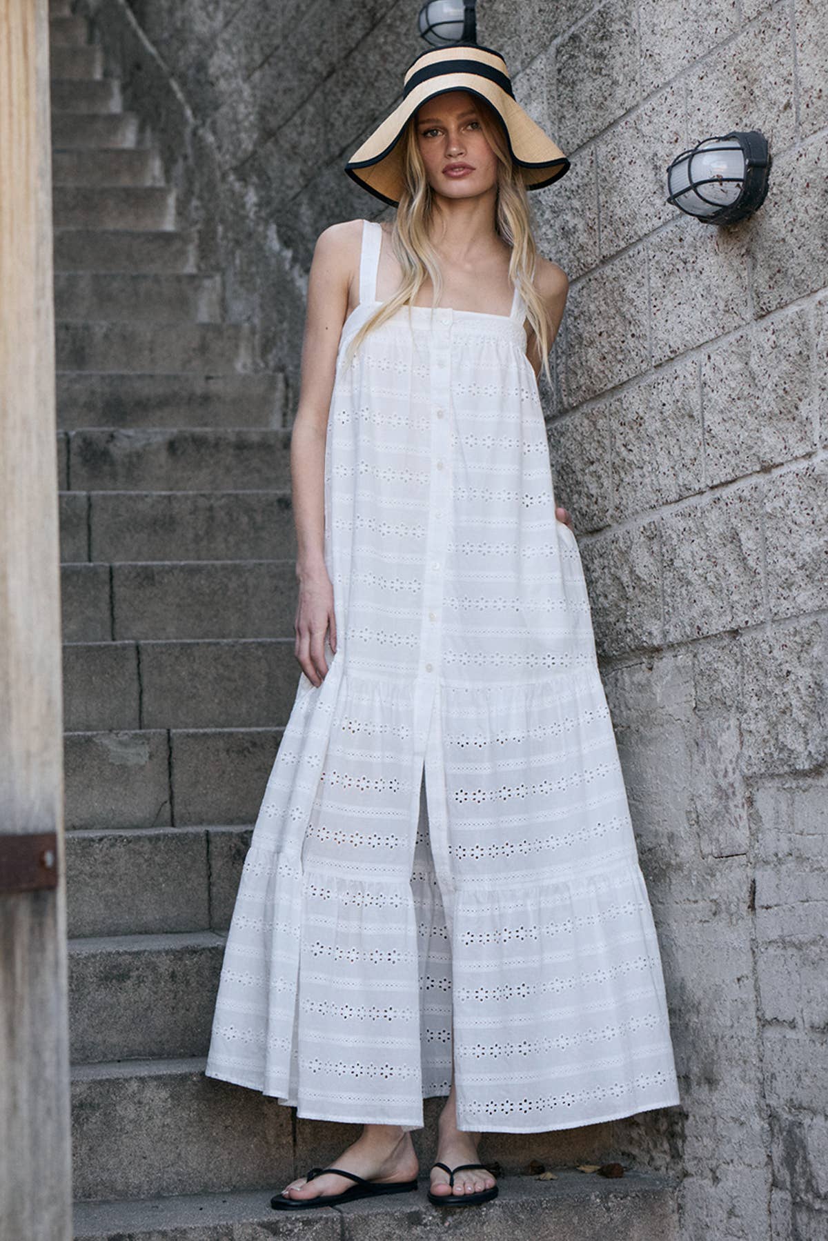 Eyelet Tiered Maxi Dress - WHITE
